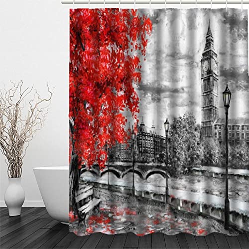 RFFLUX 3D London Big Ben Anti Schimmel Duschvorhänge 120 x 180 cm Polyester Blätter Duschvorhang mit 12 Haken Anti-Bakteriell Waschbar Wasserdicht Hochwertige Badvorhänge für Badezimmer von RFFLUX