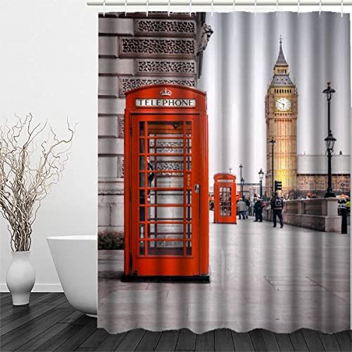 RFFLUX 3D London Big Ben Design Duschvorhang Anti Schimmel 180 x 200 cm mit 12 Ringe Polyester Rote Telefonzelle Duschvorhänge Anti-Bakteriell Waschbar Wasserdicht Badvorhänge für Badezimmer von RFFLUX