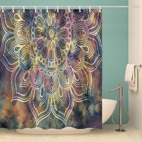 RFFLUX 3D Mandala Duschvorhang Anti Schimmel 180x200 cm mit 12 Ringe Polyester Retro Blumen Duschvorhänge Anti-Bakteriell Waschbar Wasserdicht Badvorhänge für Badezimmer（Stil 3-1） von RFFLUX