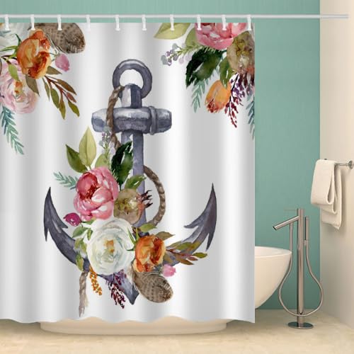 RFFLUX 3D Maritim Duschvorhang Anti Schimmel 180x200 cm mit 12 Ringe Polyester Blumen Anker Duschvorhänge Anti-Bakteriell Waschbar Wasserdicht Badvorhänge für Badezimmer（Stil 17-4） von RFFLUX