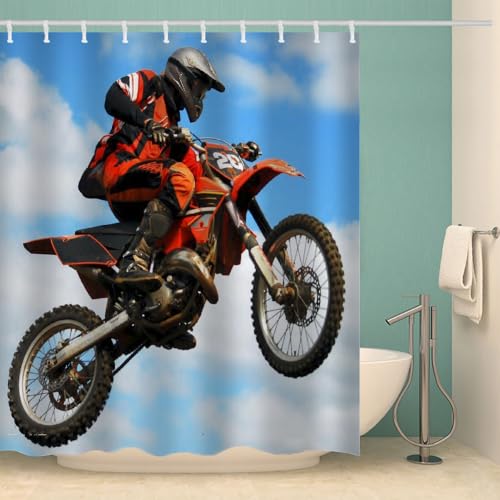 RFFLUX 3D Motocross Duschvorhang Anti Schimmel 180x200 cm mit 12 Ringe Polyester Motorrad Duschvorhänge Anti-Bakteriell Waschbar Wasserdicht Badvorhänge für Badezimmer（Stil 4-9） von RFFLUX