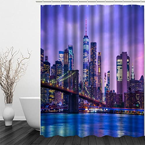 RFFLUX 3D New York Polyester Duschvorhang Anti Schimmel 180 x 180 cm mit 12 Haken Modern Stadtbild Duschvorhänge Anti-Bakteriell Waschbar Wasserdicht Hochwertige Badvorhänge für Badezimmer von RFFLUX