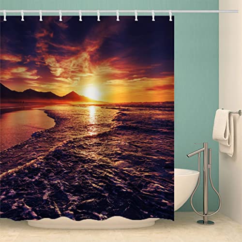 RFFLUX 3D Ozean Anti Schimmel Duschvorhänge 120 x 180 cm Polyester Sonnenuntergang Am Strand Duschvorhang mit 12 Haken Anti-Bakteriell Waschbar Wasserdicht Hochwertige Badvorhänge für Badezimmer von RFFLUX