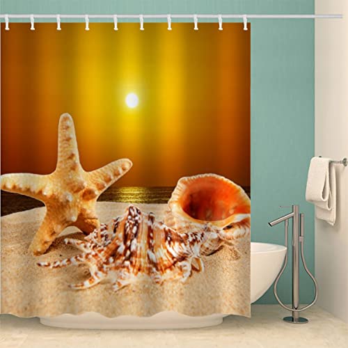 RFFLUX 3D Ozean Anti Schimmel Duschvorhänge 120 x 180 cm Polyester Strand Seestern Duschvorhang mit 12 Haken Anti-Bakteriell Waschbar Wasserdicht Hochwertige Badvorhänge für Badezimmer von RFFLUX