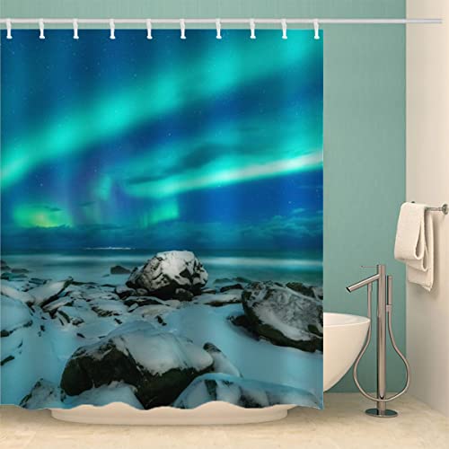 RFFLUX 3D Ozean Anti Schimmel Duschvorhänge 120 x 180 cm Polyester Winter Polarlicht Duschvorhang mit 12 Haken Anti-Bakteriell Waschbar Wasserdicht Hochwertige Badvorhänge für Badezimmer von RFFLUX