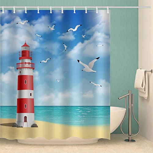 RFFLUX 3D Ozean Design Duschvorhang Anti Schimmel 180 x 200 cm mit 12 Ringe Polyester Strand Leuchtturm Duschvorhänge Anti-Bakteriell Waschbar Wasserdicht Badvorhänge für Badezimmer von RFFLUX