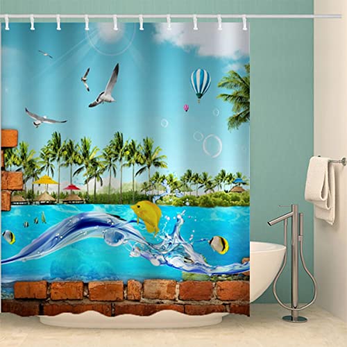 RFFLUX 3D Ozean Design Duschvorhang Anti Schimmel 240 x 200 cm mit 12 Ringe Polyester Sommer Delfine Duschvorhänge Anti-Bakteriell Waschbar Wasserdicht Badvorhänge für Badezimmer von RFFLUX