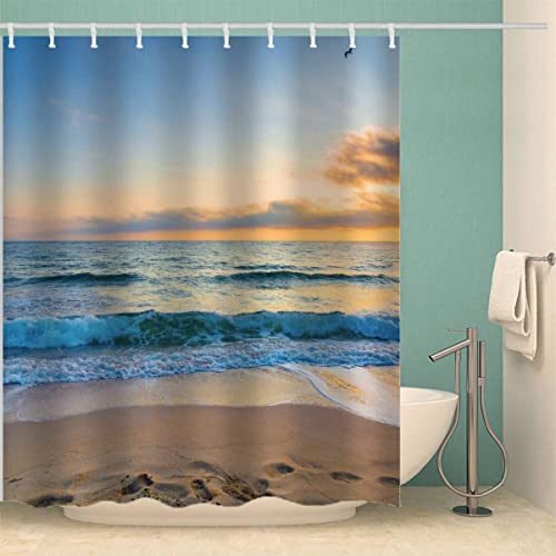 RFFLUX 3D Ozean Strand Design Duschvorhang Anti Schimmel 180 x 200 cm mit 12 Ringe Polyester Sonnenuntergang Duschvorhänge Anti-Bakteriell Waschbar Wasserdicht Badvorhänge für Badezimmer von RFFLUX