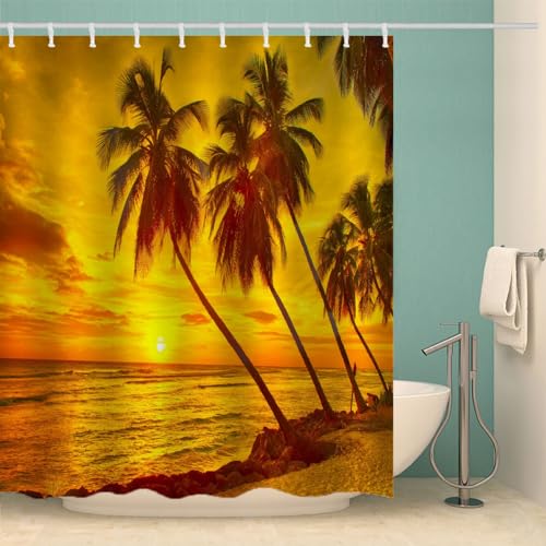 RFFLUX 3D Palmen Duschvorhang Anti Schimmel 240x200 cm mit 12 Ringe Polyester Tropischer Strand Duschvorhänge Anti-Bakteriell Waschbar Wasserdicht Badvorhänge für Badezimmer（Stil 8-12） von RFFLUX