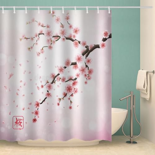 RFFLUX 3D Sakura Duschvorhang Anti Schimmel 180x200 cm mit 12 Ringe Polyester Japan Kirschblüten Duschvorhänge Anti-Bakteriell Waschbar Wasserdicht Badvorhänge für Badezimmer（Stil 2-3） von RFFLUX