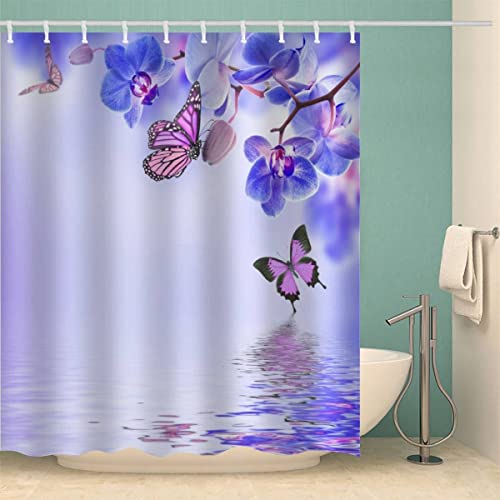 RFFLUX 3D Schmetterling Blume Anti Schimmel Duschvorhänge 120 x 180 cm Polyester Lila Duschvorhang mit 12 Haken Anti-Bakteriell Waschbar Wasserdicht Hochwertige Badvorhänge für Badezimmer von RFFLUX