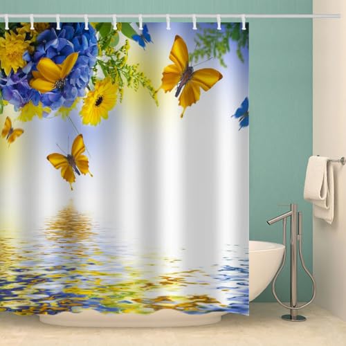 RFFLUX 3D Schmetterling Duschvorhang Anti Schimmel 180x200 cm mit 12 Ringe Polyester Frühling Blumen Duschvorhänge Anti-Bakteriell Waschbar Wasserdicht Badvorhänge für Badezimmer（Stil 3-6） von RFFLUX