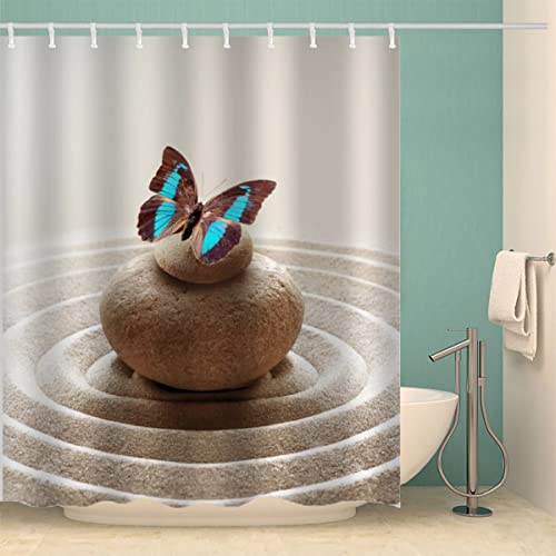 RFFLUX 3D Schmetterling Stein Design Duschvorhang Anti Schimmel 180 x 200 cm mit 12 Ringe Polyester Zen Duschvorhänge Anti-Bakteriell Waschbar Wasserdicht Badvorhänge für Badezimmer von RFFLUX