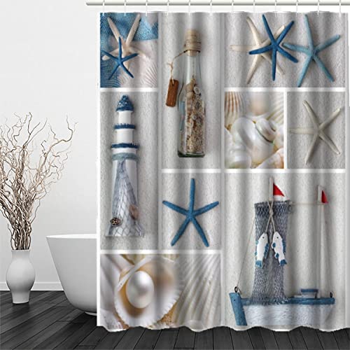 RFFLUX 3D Seestern Design Duschvorhang Anti Schimmel 180 x 200 cm mit 12 Ringe Polyester Strand Leuchtturm Duschvorhänge Anti-Bakteriell Waschbar Wasserdicht Badvorhänge für Badezimmer von RFFLUX