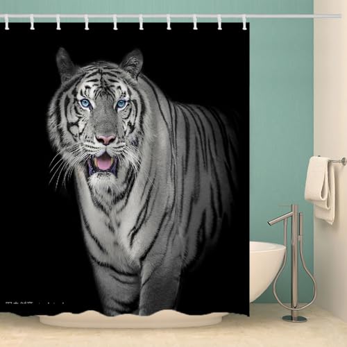 RFFLUX 3D Tiger Duschvorhang Anti Schimmel 240x200 cm mit 12 Ringe Polyester Tiger Duschvorhänge Anti-Bakteriell Waschbar Wasserdicht Badvorhänge für Badezimmer（Stil 7-5） von RFFLUX