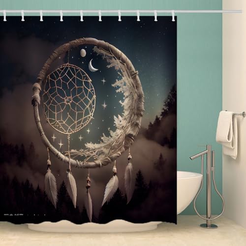 RFFLUX 3D Traumfänger Duschvorhänge 120x180 cm Polyester Sternenhimmel Duschvorhang Anti Schimmel mit 12 Haken Anti-Bakteriell Waschbar Wasserdicht Badvorhänge für Badezimmer（Stil 2-2） von RFFLUX
