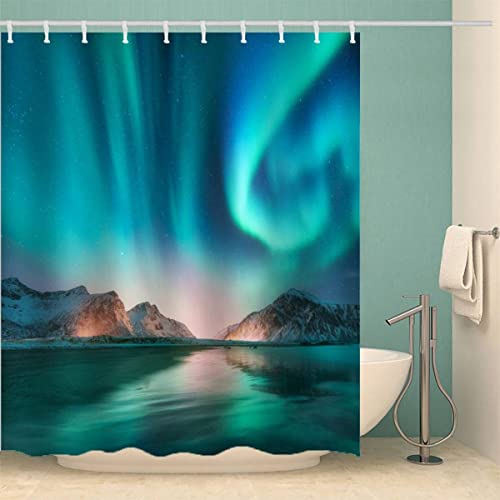 RFFLUX 3D Winter Polarlicht Anti Schimmel Duschvorhänge 120 x 180 cm Polyester Ozean Duschvorhang mit 12 Haken Anti-Bakteriell Waschbar Wasserdicht Hochwertige Badvorhänge für Badezimmer von RFFLUX