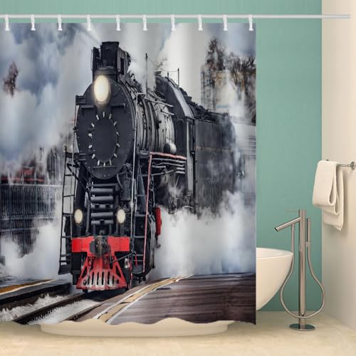 RFFLUX 3D Zug Duschvorhang Anti Schimmel 240x200 cm mit 12 Ringe Polyester Retro Zug Duschvorhänge Anti-Bakteriell Waschbar Wasserdicht Badvorhänge für Badezimmer（Stil 4-12） von RFFLUX
