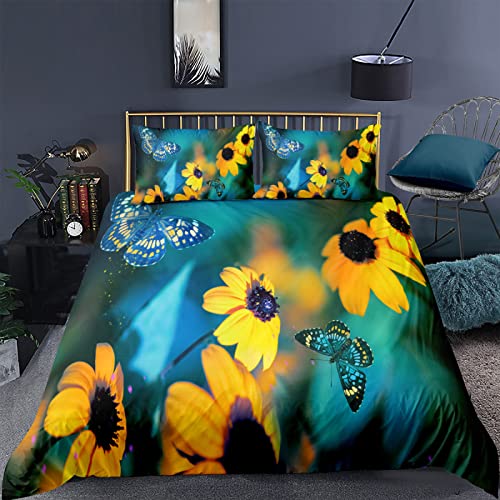 RFFLUX Bettwäsche 155x220 cm 3teilig mit Reißverschluss 3D Frühling Blumen Schmetterlinge Bettwäsche Sets Warme Winter Sommer Weich und Angenehme Bettbezüge mit 2 Kissenbezug 80x80 cm für Teenager von RFFLUX