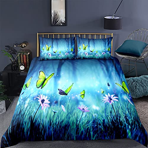 RFFLUX Bettwäsche 155x220 cm 3teilig mit Reißverschluss 3D Frühling Blumen Schmetterlinge Bettwäsche Sets Warme Winter Sommer Weich und Angenehme Bettbezüge mit 2 Kissenbezug 80x80 cm für Teenager von RFFLUX