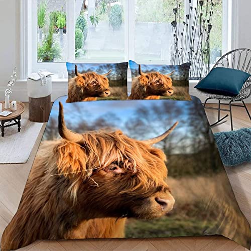 RFFLUX Hochlandvieh Bettwäsche 155x220 cm 3teilig mit Reißverschluss 3D Bauernhof Tiere Vieh Bettwäsche Sets Warme Winter Sommer Weich und Angenehme Bettbezüge mit 2 Kissenbezug 80x80 für Teenager von RFFLUX