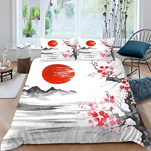 RFFLUX Japan Sakura Bettwäsche 155x220 cm 3teilig mit Reißverschluss 3D Aquarell Landschaft Bettwäsche Sets Warme Winter Sommer Weich Bettbezüge mit 2 Kissenbezug 80x80 cm für Teenager von RFFLUX