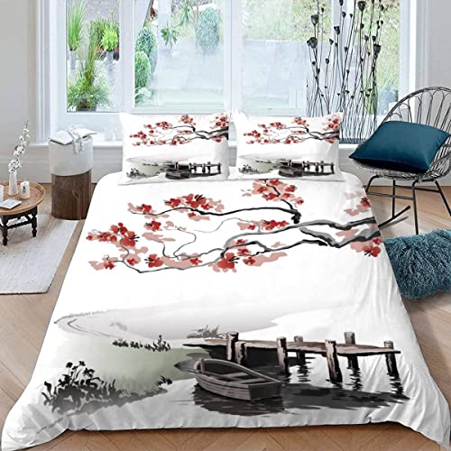 RFFLUX Japan Sakura Bettwäsche Set 135x200 cm 2teilig mit Reißverschluss Weiche und Angenehme Schlafkomfort Microfaser Bettbezug Aquarell Landschaft Kinderbettwäsche mit Kissenbezug 80x80 von RFFLUX