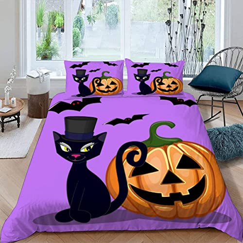 RFFLUX Kawaii Kürbis Bettwäsche Set 135x200 cm 2teilig mit Reißverschluss Weiche und Angenehme Schlafkomfort Microfaser Bettbezug Halloween-Katze Kinderbettwäsche mit Kissenbezug 80x80 von RFFLUX