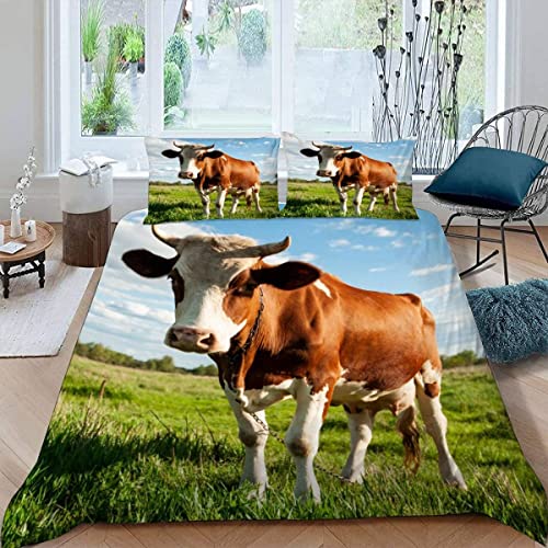 RFFLUX Kühe Bettwäsche 155x220 cm 3teilig mit Reißverschluss 3D Bauernhof Tiere Vieh Bettwäsche Sets Warme Winter Sommer Weich und Angenehme Bettbezüge mit 2 Kissenbezug 80x80 für Teenager von RFFLUX