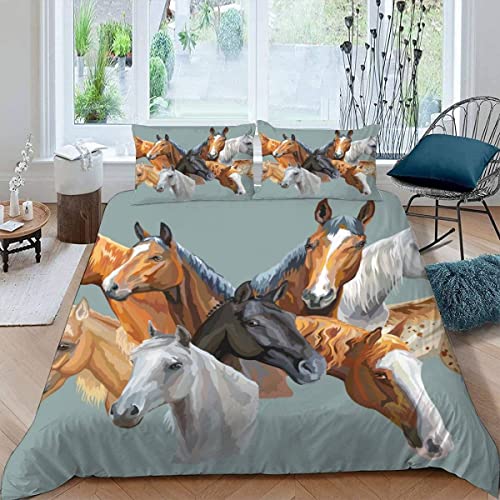 RFFLUX Pferd Bettwäsche 155x220 cm 3teilig mit Reißverschluss 3D Retro-Pferd Bettwäsche Sets Warme Winter Sommer Weich und Angenehme Bettbezüge mit 2 Kissenbezug 80x80 für Teenager von RFFLUX