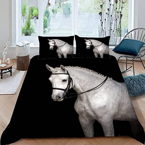 RFFLUX Pferd Bettwäsche 155x220 cm 3teilig mit Reißverschluss 3D Weißes Pferd Bettwäsche Sets Warme Winter Sommer Weich und Angenehme Bettbezüge mit 2 Kissenbezug 80x80 für Teenager von RFFLUX