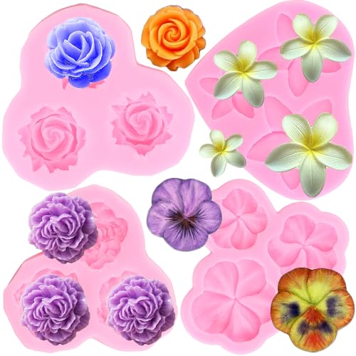 RFGHAC 4 Stück Blume Silikonformen Plumeria Pfingstrose Rose Stiefmütterchen Fondant Form für Kuchen Dekorieren Cupcake Topper Gelee Süßigkeiten Polymer Clay Schokolade Gummipaste von RFGHAC