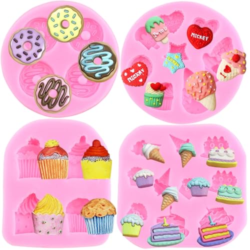 RFGHAC 4 Stück Eistüten Silikonform Donut Fondant Formen für Kuchen Dekorieren Cupcake Topper Schokolade Popsicle Candy Cake Pop Polymer Clay Gummipaste von RFGHAC