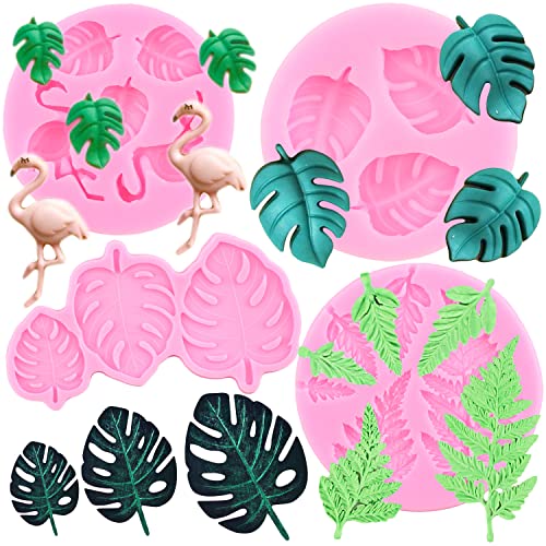 RFGHAC 4 Stück Flamingo Tropische Blatt Silikonform Farn Monstera Blätter Fondant Formen für Cupcake Topper Kuchen Dekorieren Schokolade Harz Polymer Ton von RFGHAC