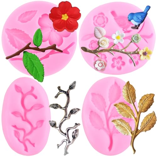 RFGHAC 4 Stück Pfirsichblüten Form Formen Vogel Silikonformen Baum Ast Blätter Fondant Form Blume Blatt Form für Kuchen Dekorieren Cupcake Topper Candy Polymer Clay Schokolade Gummipaste von RFGHAC