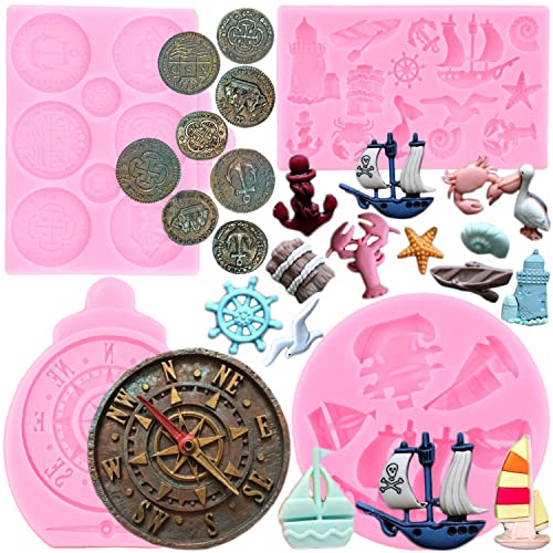 RFGHAC 4 Stück Segelschiff Silikonformen Kompass Anker Ruder Rettungsring Leuchtturm Fondant Formen Schatz Münzen Schokoladenform für Cupcake Kuchen Topper Dekoration Süßigkeiten Polymer Clay von RFGHAC