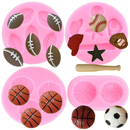 RFGHAC 4 Stück Silikonform Ball Fußball Baseball Basketball Rugby Fondant Form für Kuchen Dekorieren Schokolade Süßigkeiten Ton von RFGHAC