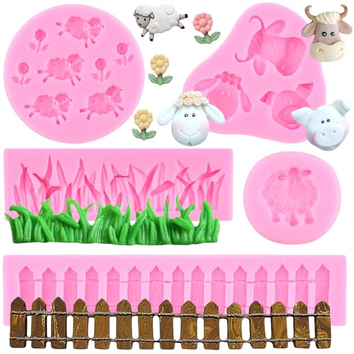 RFGHAC 5 Stück Bauernhof Tier Kuh Schwein Schafkopf Silikonform Grünes Gras Garten Lattenzaun Fondant Form für Zucker Kuchen Dekorieren Cupcake Topper Polymer Clay Süßigkeiten Schokolade Gummipaste von RFGHAC