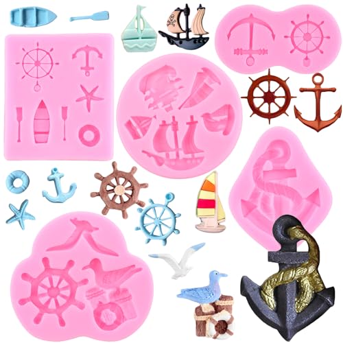 RFGHAC Anker und Ruder Fondant Formen Möwe Segelboot Haken Silikonform Seeruder Rettungsring Süßigkeitenform für Kuchendekoration Cupcake Schokolade Süßigkeiten Gummipaste Basteln Polymer Clay 5 Stück von RFGHAC