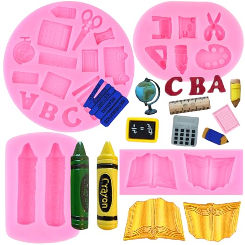RFGHAC Back to School Silikonformen Silikon Fondant Formen Buch Fondantform Buntstift Lineal Schulbedarf für Kuchen Dekorieren Cupcake Topper Süßigkeiten Schokolade Gummipaste 4 Stück von RFGHAC