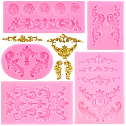 RFGHAC Barock Fondant Formen Curlicues Scroll Lace Silikonform Filigrane Form 3D Sculpted Flower Cake Border Formen für Kuchen Dekorieren Cupcake Candy Polymer Clay Chocolate Gum Paste Set von 5 von RFGHAC