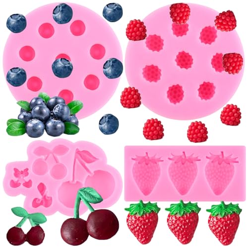 RFGHAC ​​Blaubeere Himbeere Kirsche Erdbeere Kuchen Fondant Formen Obst Silikonformen Für Kuchen Dekorieren Schokolade Gummipaste Süßigkeiten Polymer Clay 4er Set von RFGHAC