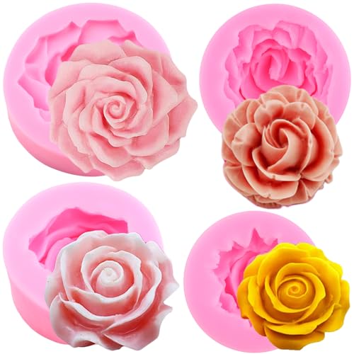 RFGHAC Blume Silikonformen 3D Rose Blume Fondant Silikonformen für Kuchen Dekorieren Cupcake Topper Polymer Clay Candy Chocolate Gum Paste Set von 4 von RFGHAC