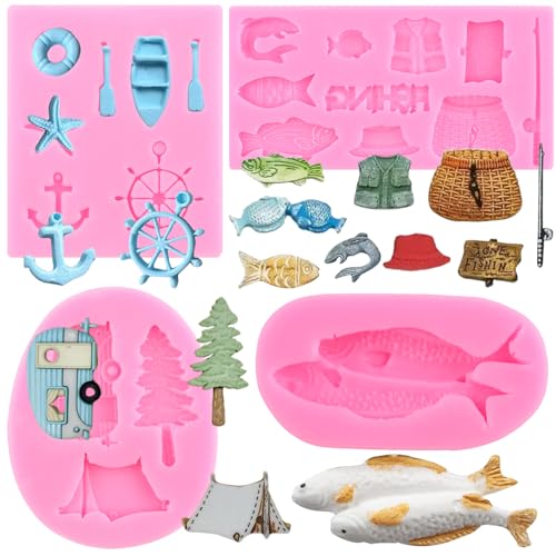 RFGHAC Camping Zelt Silikonform Boot Haken Ruder Schokoladenform Angeln Set Fondant Form Fisch Süßigkeiten Form für Zucker Kuchen Dekorieren Cupcake Topper Schokolade Gummipaste Candy Polymer Clay 2 von RFGHAC