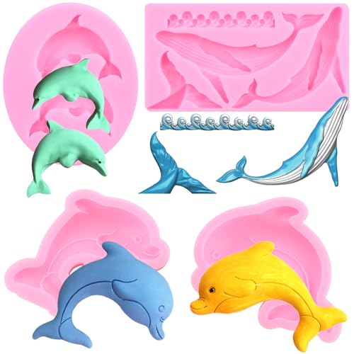 RFGHAC Delfin Silikon Fondant Formen Ozeanwellen Backform Wal Fischschwanz Delfin Schokolade Süßigkeiten Form für Zucker Kuchen Dekorieren Cupcake Topper Gummipaste Polymer Clay 4 Stück von RFGHAC