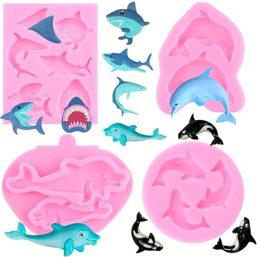 RFGHAC Delphin Silikon Fondant Form s Ozean Hai Fondant Form Killer Wal Schokoladenform s für Zucker Kuchen Dekorieren Cupcake Topper Gummipaste Süßigkeiten Polymer Clay 4 Stück von RFGHAC