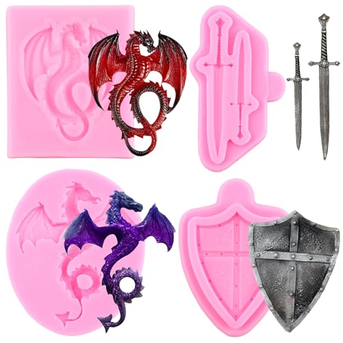 RFGHAC Drachen Silikon Fondant Formen Schwerter Schild Kampf Fondant Form für Thrones Kuchen Dekorieren Cupcake Topper Candy Chocolate Gum Paste Polymer Clay 4 Stück RFGHAC Drachen Silikon Fondant Formen Schwerter Schild Kampf Fondant Form für Thrones Kuchen Dekorieren Cupcake Topper Candy Chocolate Gum Paste Polymer Clay 4 Stück von RFGHAC