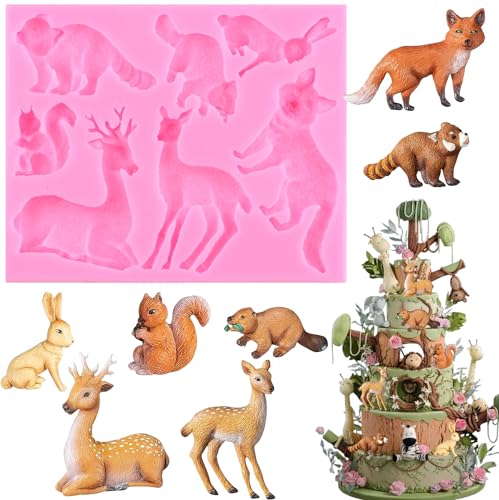 RFGHAC Dschungelwald Tier Fondant Silikonform Fuchs Eichhörnchen Kaninchen Waschbär Biber Elch Sika Hirsch Schokolade Süßigkeiten Form für Zucker Kuchen Dekorieren Cupcake Topper Gummipaste Polymer von RFGHAC