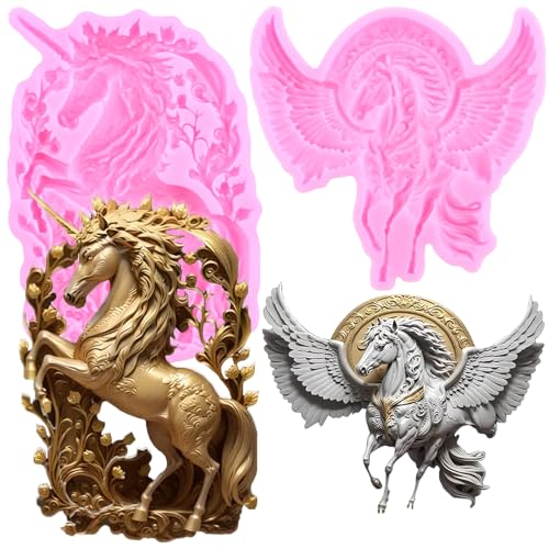 RFGHAC ​​Einhorn-Silikonformen mit fliegendem Pferd Fondantformen zum Dekorieren von Kuchen Schokolade Blütenpaste Süßigkeiten Polymer-Ton 2er-Set von RFGHAC