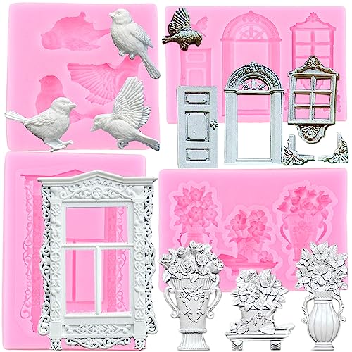 RFGHAC Fenster Tür Silikonform Vogel Fondant Formen Blumenform Rahmen Tortenrand Silikonformen für Schokolade Kuchen Dekoration Cupcake Topper Candy Gum Paste 4 Stück von RFGHAC